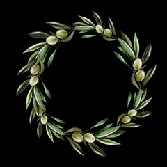 Watercolor wreath with olive berries and green leaves.