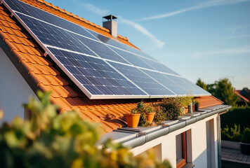 panneau solaire photovoltaïque pour l'écologie et les énergie renouvelable généré par IA, pose de panneaux  - obrazy, fototapety, plakaty