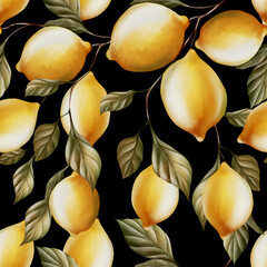 Watercolor seamless pattern with lemons and green olive leaves.
