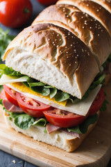 AI generation of sandwich with tomato and bacon on the wooden surface. Close up.