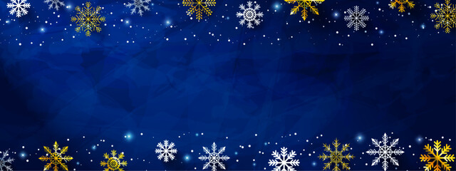 
Blue Grunge Christmas Winter Banner Background with 3d white and gold snowflakes and falling snowflakes and sparkles. Xmas Winter snowflakes on textured blue backdrop. Vector Illustrations. 