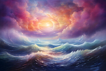 Oil painting artistic image of floating sea waves in the clouded sky with rainbow colours of universe and glow stars. generative ai. - Powered by Adobe