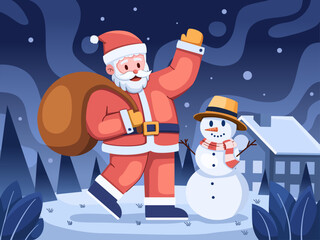 Vector illustration portraying Santa Claus delightfully carrying a sack of Christmas gifts, spreading joy and happiness.
perfect for invitation, greeting card, postcard, banner, promotion, etc