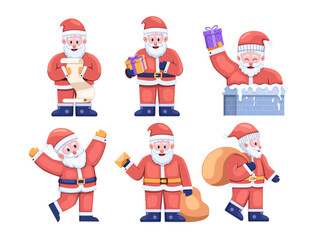 Vector illustration set featuring a cheerful assortment of cartoon Santa Claus characters, each radiating joy and holiday cheer. This brings the festive spirit of Christmas to life.