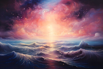 Oil painting artistic image of floating sea waves in the clouded sky with rainbow colours of universe and glow stars. generative ai. - obrazy, fototapety, plakaty