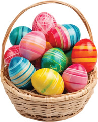 Colorful Easter eggs in a wooden basket on a white background.