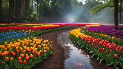  A field of tulips in various shades, creating a rainbow of colors. © Farhan