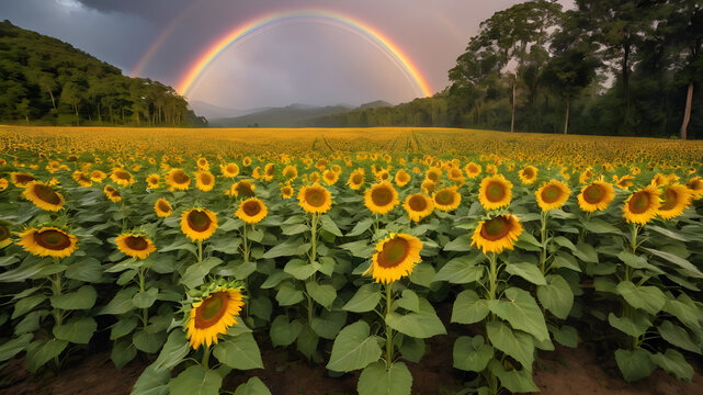 A rainbow over a field of sunflowers after a refreshing summer rain