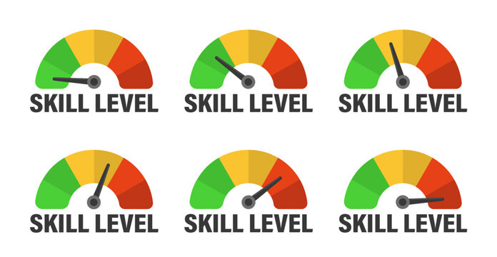 Skill level meter indicator. Education speedometer. Skill Level Meter, measuring scale. Vector stock illustration set