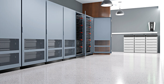 3D render of modern battery storage for small business