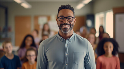 Obraz premium Portrait of the teacher against the background of the students in the classroom