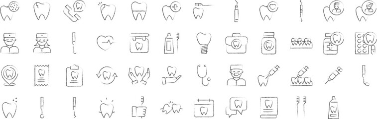 Dental clinic hand drawn icons set, including icons such as Tooth, Dental Crane, Teeth, Surgeon, Protection, and more. pencil sketch vector icon collection