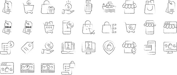 Sales and marketing hand drawn icons set, including icons such as Bill, Click, Invoice, Label, Mobile Shop, Payment, and more. pencil sketch vector icon collection