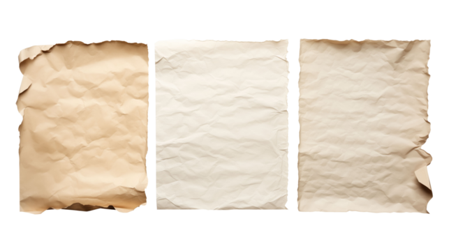 Three old historical paper torn to a crisp edge, antique brown and yellow textured paper 