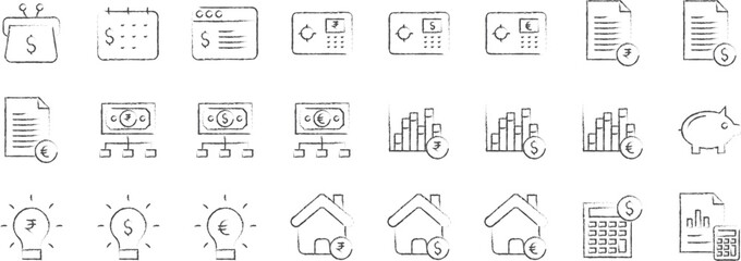 Investment and saving hand drawn icons set, including icons such as Calculation, Calendar, Piggy, Dollar, and more. pencil sketch vector icon collection