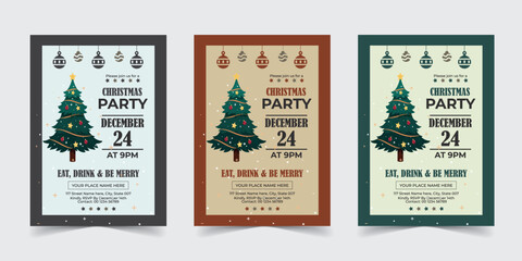 Elegant Christmas Party Invitation Design Featuring a Decorated Tree, Hanging Ornaments, Snowflakes, and Classic Festive Text for Holiday Celebrations and Social Gatherings