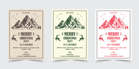 Merry Christmas party and Happy New Year party poster, posters, holiday covers. Xmas templates with typography and season wishes in modern minimalist style for web, social media and print