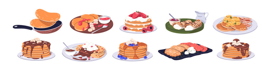 American pancake stacks, sweet crepes set. Pan cakes with jam, fruits, berries, maple and caramel syrup, chocolate topping, honey, bacon. Flat graphic vector illustrations isolated on white background - obrazy, fototapety, plakaty