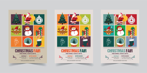 Festive Christmas Fair Poster Featuring a Grid Layout of Holiday-Themed Illustrations Including Santa Claus, Reindeer, Snowman, Gifts, Ornaments, and a Christmas Tree for Seasonal Event Promotion