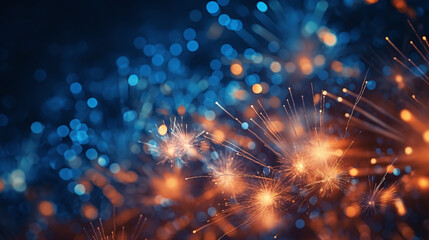 Fototapeta premium Vibrant fireworks display with bursts of red and blue against a night sky