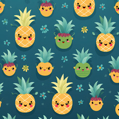 Obraz na płótnie Canvas Create a pattern featuring adorable, stylized fruits like pineapples and in playful poses, PNG, 300 DPI