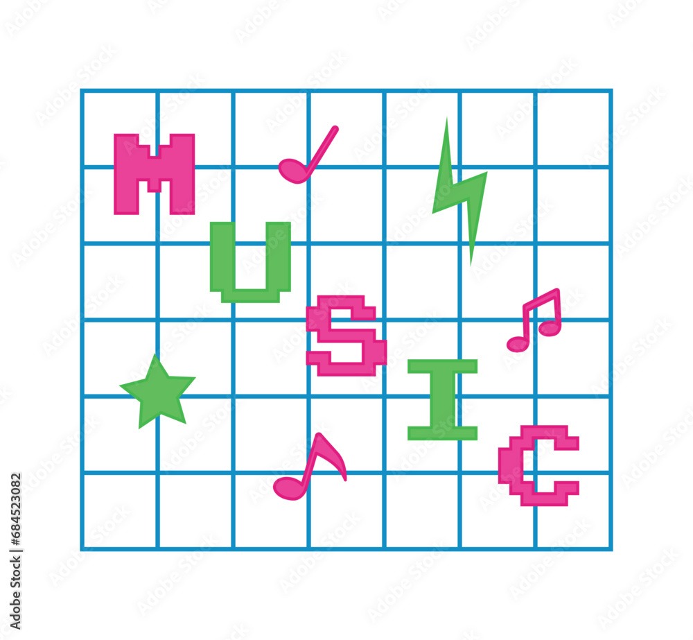 Poster the word music located on the grid. mood board with letters and other elements attached. vector illu