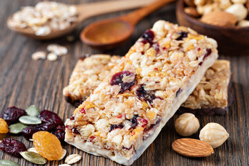 Granola bar on wooden background