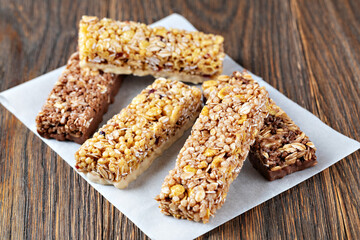 Granola bar on wooden background