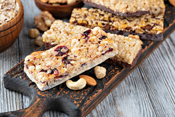 Granola bar on wooden background