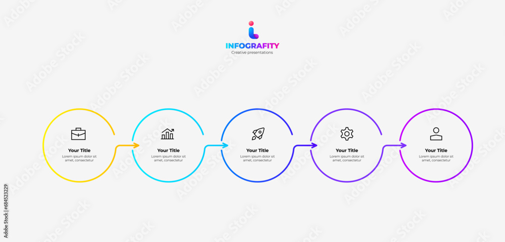 Poster Horizontal progress diagram with five outline elements. Concept of 5 steps of business timeline. Creative infographic design template