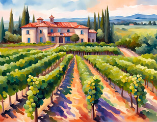 Watercolour landscape with a view through vineyards onto a traditional mediterranean stone house. Amazing digital illustration. CG Artwork Background