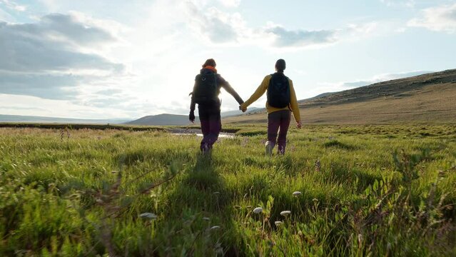 Two young hiker women friends together walk along field holding hands at scenic mountain landscape in sunlight back view. Trekking trail and active travel path