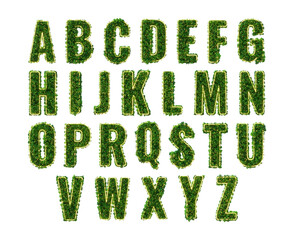 Alphabet 3d letters. Set. Green plant, glowing neon leaves, grass, moss, basil, mint. isolated on a transparent background. Png. 3d illustration.