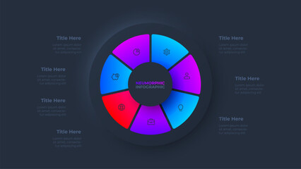 Dark cycle neumorphism diagram divided into 7 sectors. Circle infographic design template