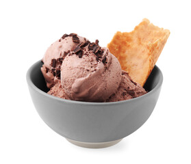 Tasty ice cream with chocolate chunks and piece of waffle cone in bowl isolated on white