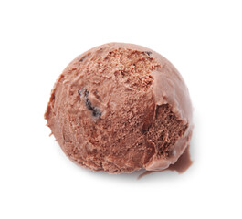 Scoop of tasty chocolate ice cream isolated on white, top view