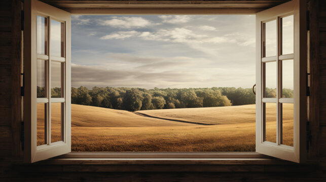 A window with a view of a field and a house.