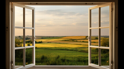 A window with a view of a field and a house.