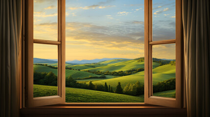 A window with a view of a field and hills