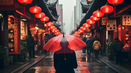 Acrylic prints Narrow Alley People woman walking in chinatown shopping street. Rainy day girl tourist under red oriental umbrella in narrow alleys on china travel in Shanghai. generative ai.