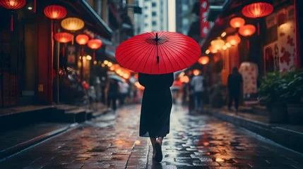 Foto auf Acrylglas Enge Gasse People woman walking in chinatown shopping street. Rainy day girl tourist under red oriental umbrella in narrow alleys on china travel in Shanghai. generative ai.