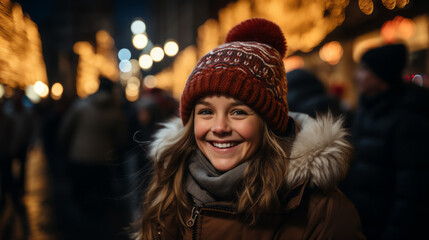 Close-up Portrait of an happy long hair girl with a red bobble cap and a scarf with a blurry night street and lights in background - obrazy, fototapety, plakaty