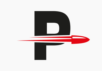 Bullet Logo On Letter P With Moving Bullet Symbol - obrazy, fototapety, plakaty