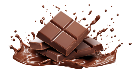Delicious chocolate bar pieces falling into chocolate splash, cut out