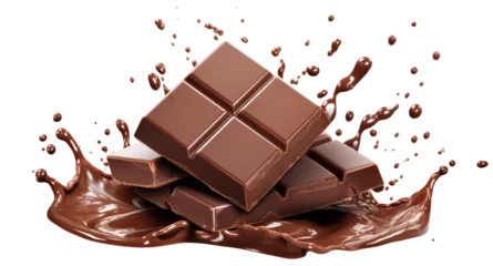 Tuinposter Delicious chocolate bar pieces falling into chocolate splash, cut out © Yeti Studio