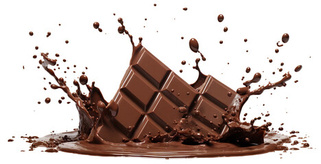 Delicious chocolate bar pieces falling into chocolate splash, cut out