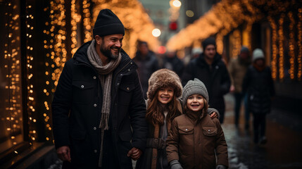 Obraz premium Front view of a smiling daddy with his two young smiling daughters dressed with winter clothes walking in a street with many blurry luminous Christmas decorations