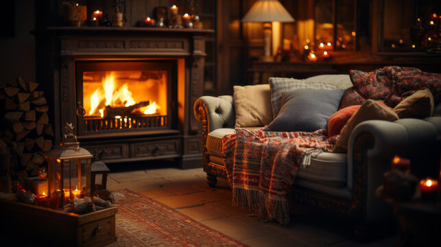 Close view of a comfortable sofa with some cushions and a blanket with some candles and a blurry warm fireplace in background