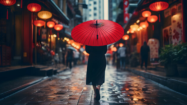 People woman walking in chinatown shopping street. Rainy day girl tourist under red oriental umbrella in narrow alleys on china travel in Shanghai. generative ai.