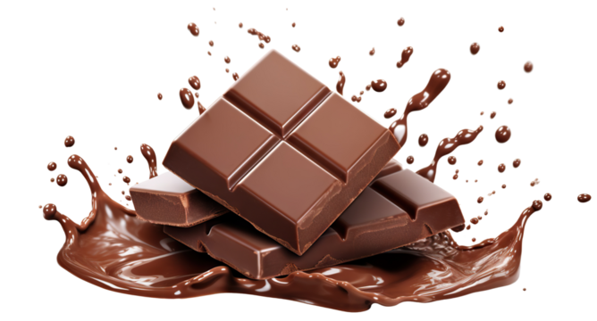 Delicious chocolate bar pieces falling into chocolate splash, cut out